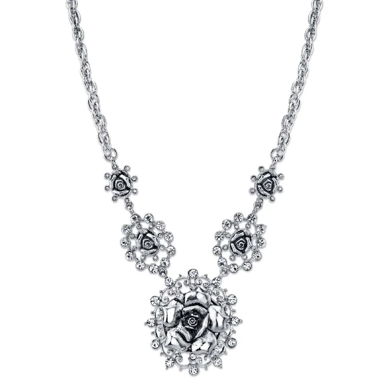 layered necklace for men-1928 Jewelry Crystal Multi Flower Drop Necklace 16" + 3" Extender