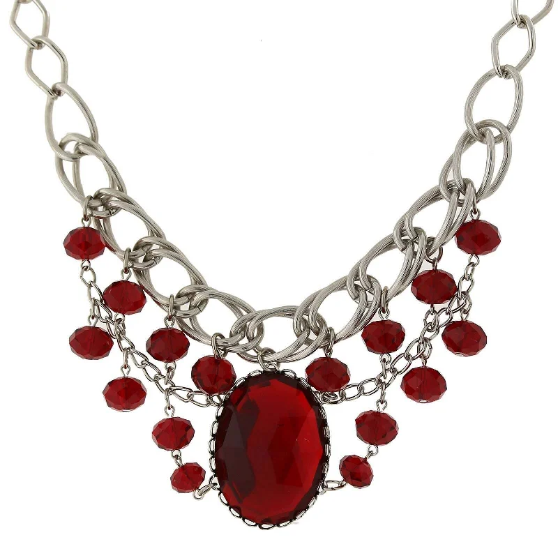 women’s gold necklace for casual wear-1928 Jewelry Red Faceted Oval Stone And Crystal Bead Bib Necklace 18"