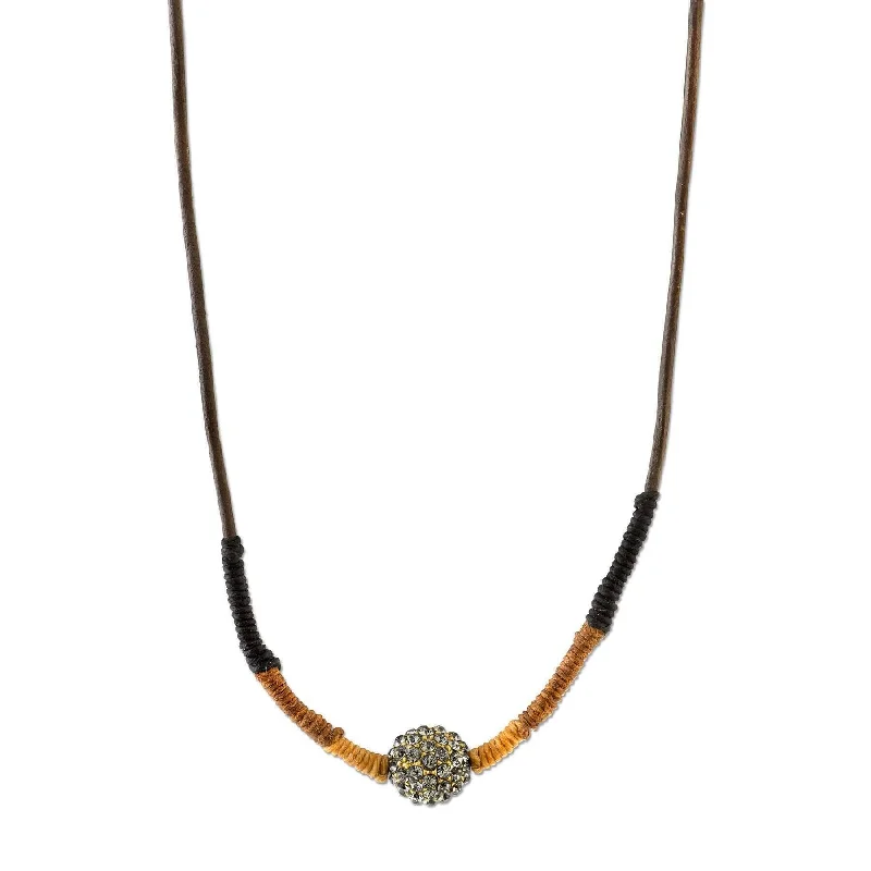 chic pendant for layering-T.R.U. Black Diamond Fireball Crystal Brown Leather Cord Linen Wrapped Necklace 28"