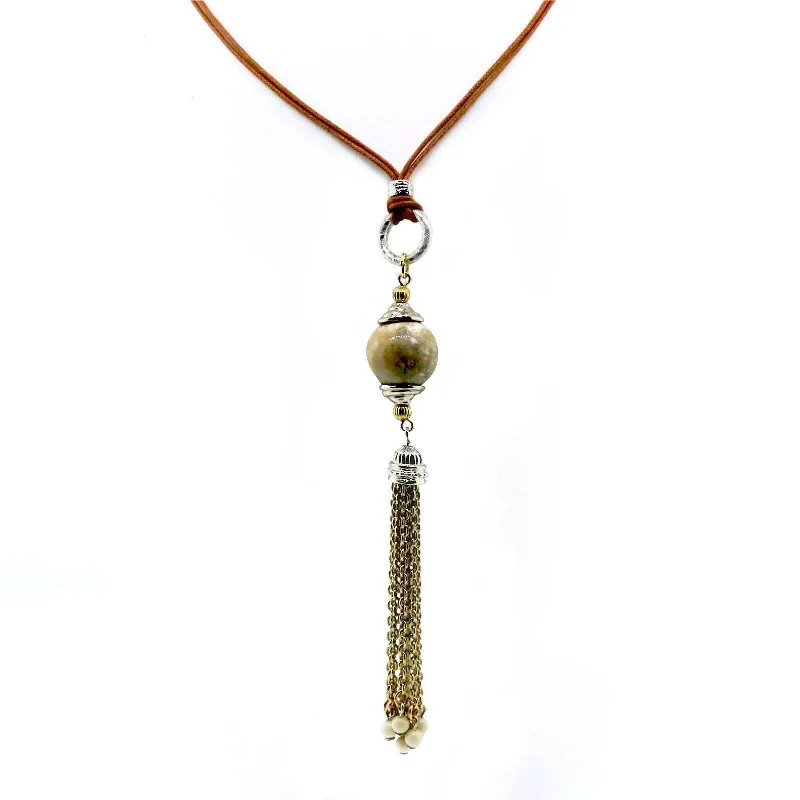 gold-plated necklace with crystals-T.R.U. River Stone Gemstone Tan Wax Cotton Cord Gold Tassel Necklace 30"