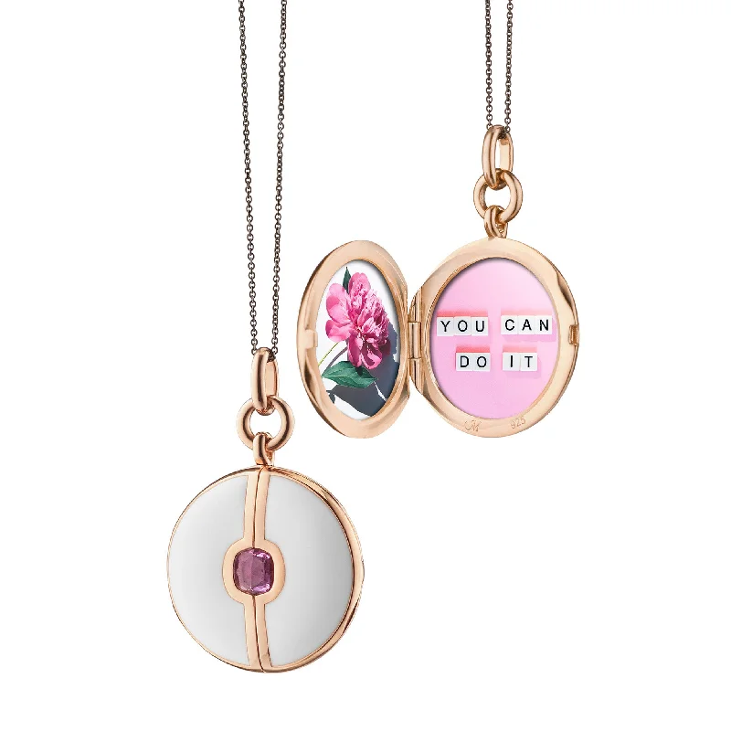 rose gold pendant for layering-White Enamel and Vermeil Round Locket with Pink Sapphire