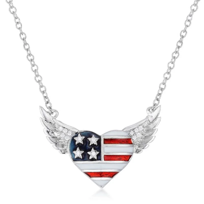 women’s gold necklace for casual wear-0.14 Ct Patriotic Winged Heart Necklace With Cz Accents - 16 Inch