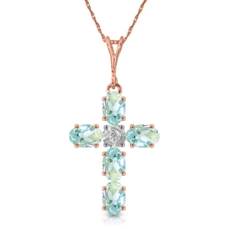 layered gold necklace for layering-1.75 Carat 14K Rose Gold Cross Necklace Natural Diamond Aquamarine