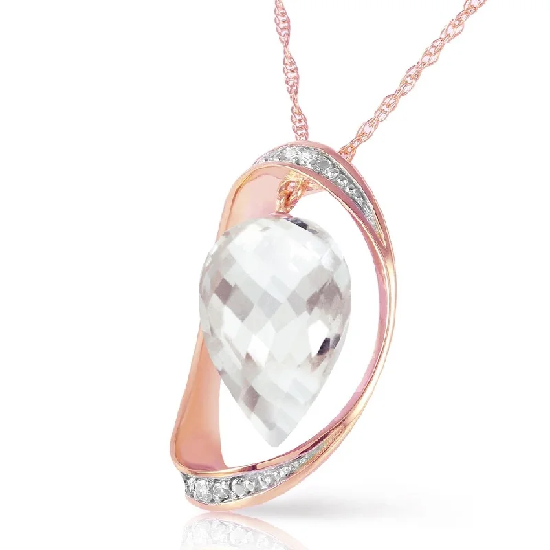 stylish pendant necklace for every day wear-14K Solid Rose Gold Necklace with Diamonds & Briolette Pointy Drop White Topaz