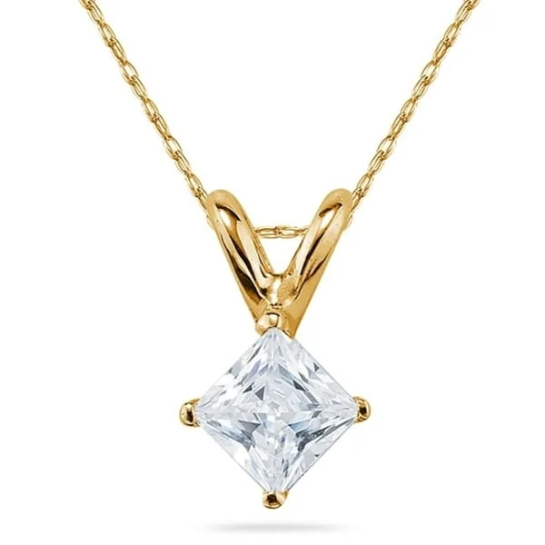 statement gemstone necklace for parties-3/4 Carat Princess Diamond Solitaire Pendant in 14K Yellow Gold