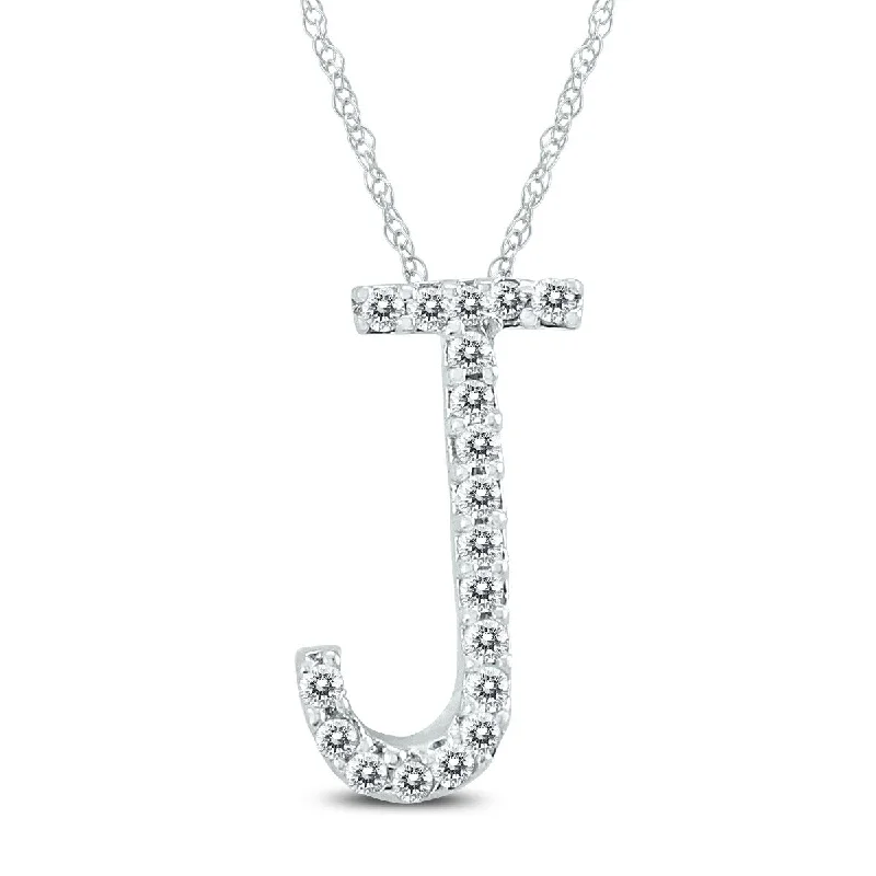 stylish pendant necklace with initials-Marquee 1/10 Carat TW J Initial Diamond Pendant Necklace in 10K White Gold with Adjustable Chain