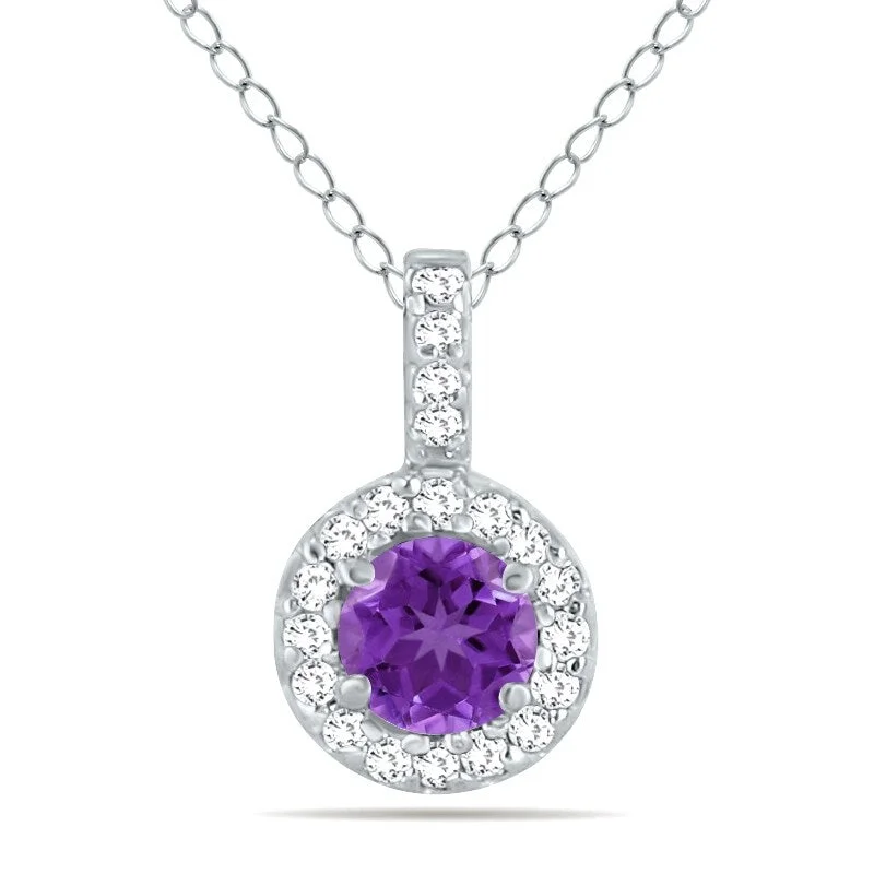 bold gemstone pendant necklace-Marquee 1/2 Carat TW Halo Amethyst And Diamond Pendant in 10K White Gold