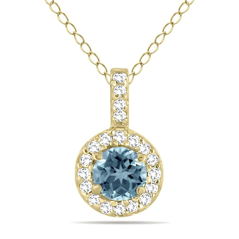 engraved necklace for couples-Marquee 1/2 Carat TW Halo Aquamarine And Diamond Pendant in 10K Yellow Gold