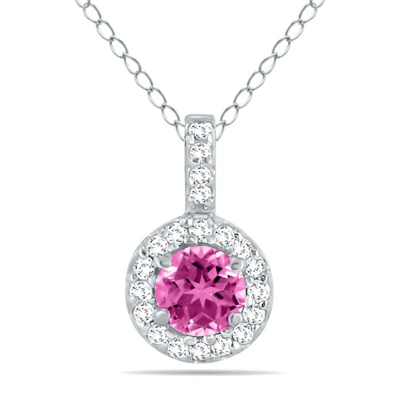 moon and star necklace-Marquee 1/2 Carat TW Halo Pink Topaz And Diamond Pendant in 10K White Gold