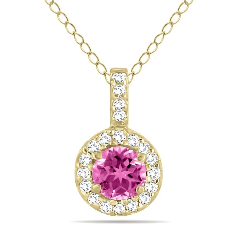 long chain necklace for layering-Marquee 1/2 Carat TW Halo Pink Topaz And Diamond Pendant in 10K Yellow Gold