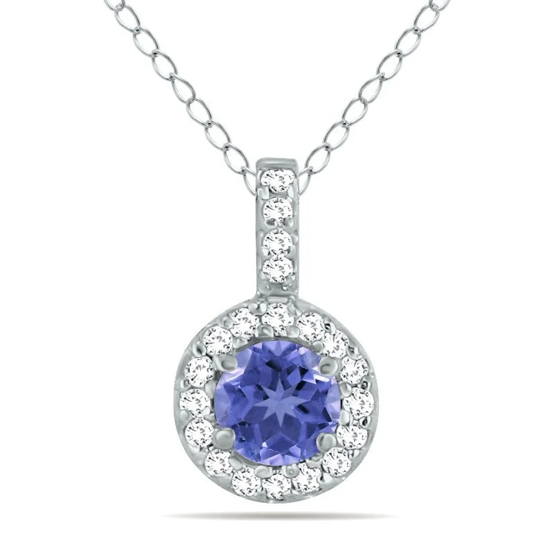 cute silver necklace for teens-Marquee 1/2 Carat TW Halo Tanzanite And Diamond Pendant in 10K White Gold