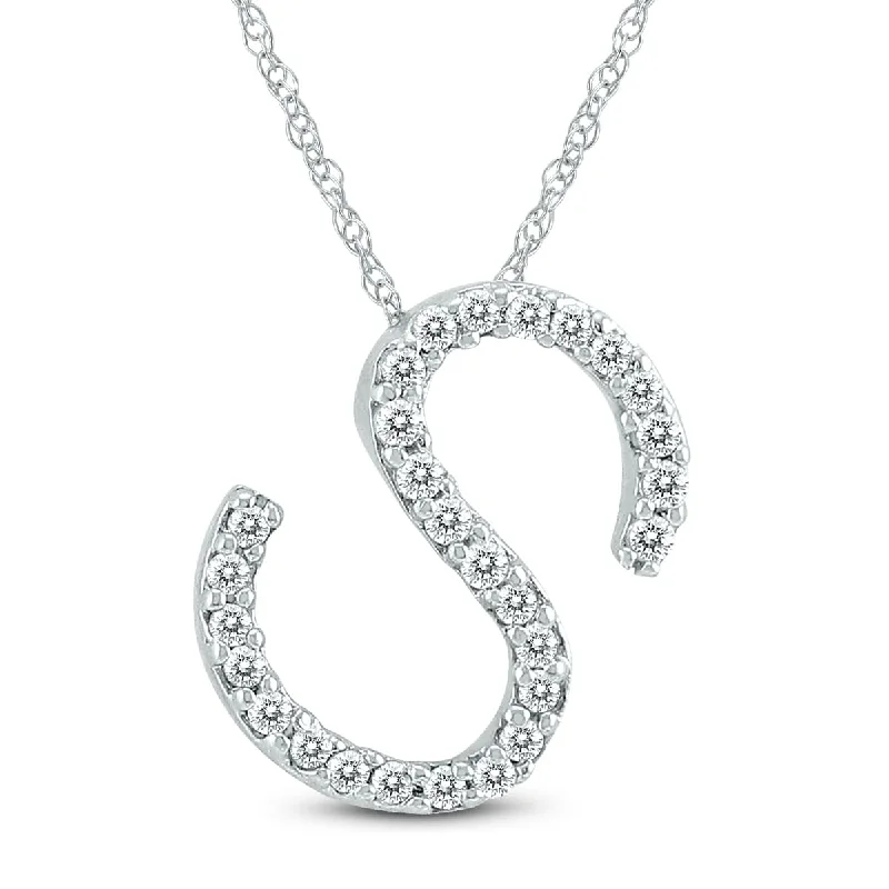 birthstone necklace gift-Marquee 1/6 Carat TW S Initial Diamond Pendant Necklace in 10K White Gold with Adjustable Chain