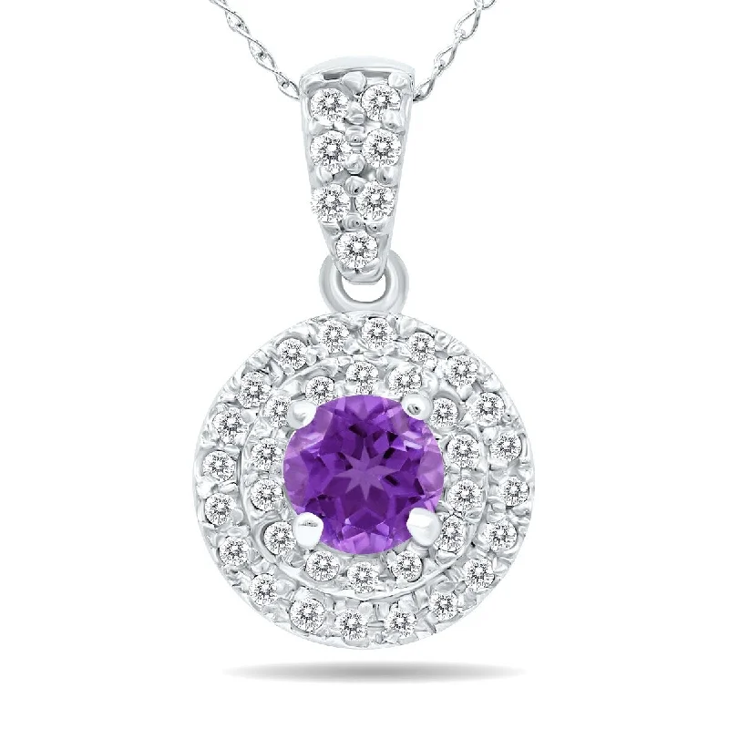 personalized necklace with birthstone-Marquee 3/4 Carat TW Double Halo Amethyst And Diamond Pendant in 10K White Gold