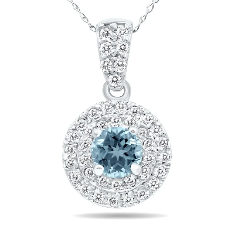 simple silver heart pendant necklace-Marquee 3/4 Carat TW Double Halo Aquamarine And Diamond Pendant in 10K White Gold