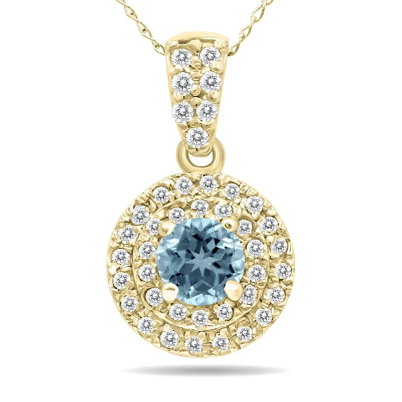 modern geometric necklace design-Marquee 3/4 Carat TW Double Halo Aquamarine And Diamond Pendant in 10K Yellow Gold