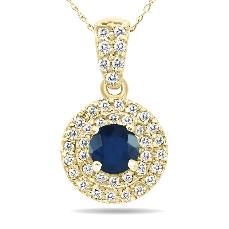 large gemstone pendant for layering-Marquee 3/4 Carat TW Double Halo Sapphire And Diamond Pendant in 10K Yellow Gold