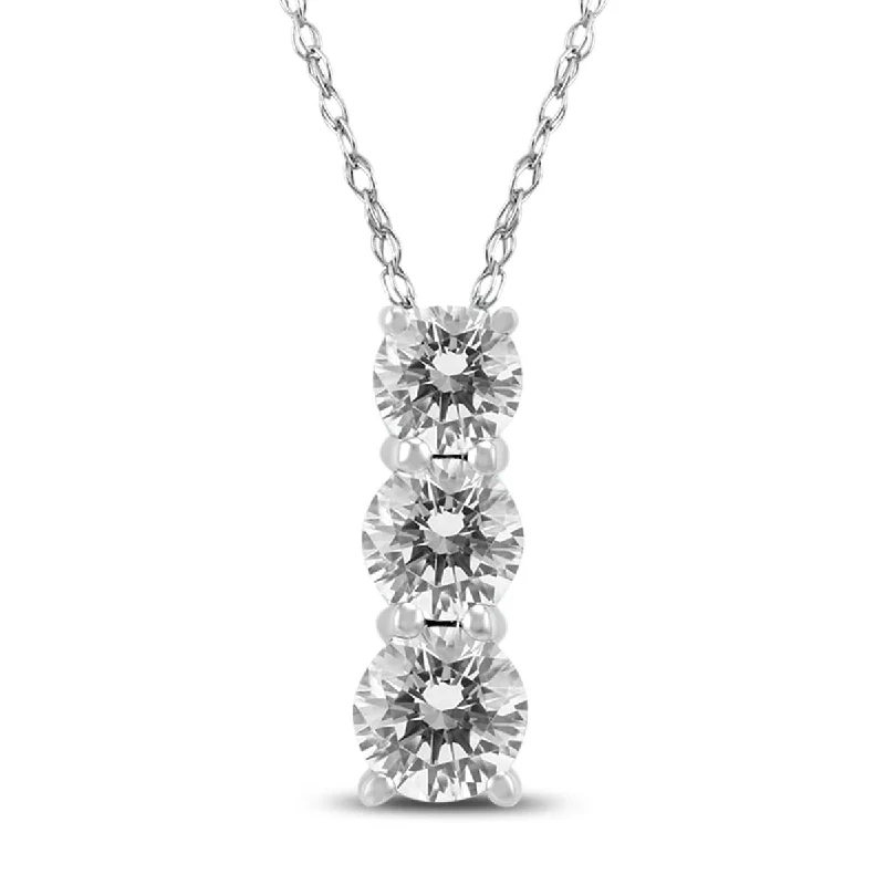 sterling silver necklace for men-Marquee Certified 1 Carat TW Three Stone Diamond Pendant in 14K White Gold