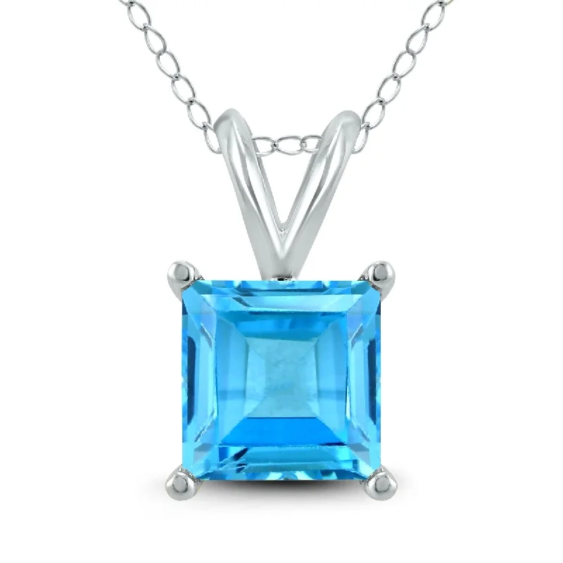 flower pendant necklace for women-Marquee Jewels 14K White Gold 7MM Square Blue Topaz Pendant