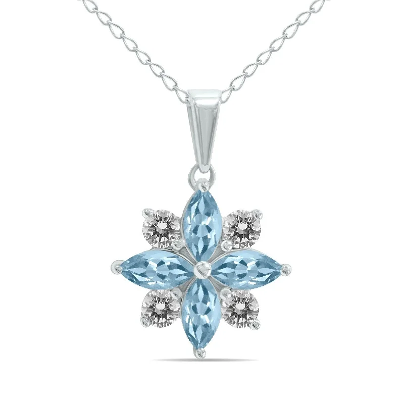 silver pendant necklace with initials-Marquee Jewels 3/4 Carat TW Aquamarine and Diamond Flower Pendant in 10K White Gold