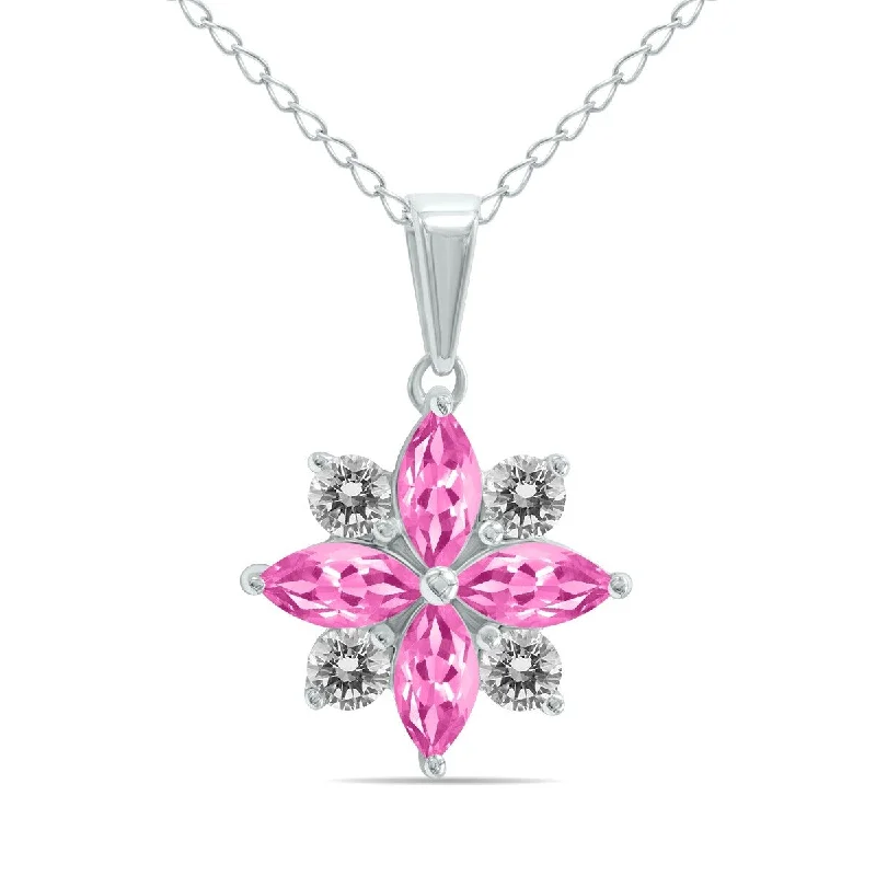 infinity pendant necklace for couples-Marquee Jewels 3/4 Carat TW Pink Topaz and Diamond Flower Pendant in 10K White Gold