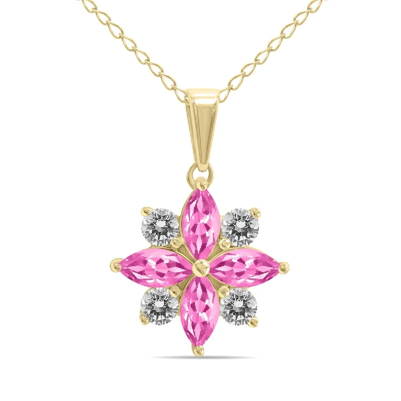 vintage diamond pendant necklace for women-Marquee Jewels 3/4 Carat TW Pink Topaz and Diamond Flower Pendant in 10K Yellow Gold