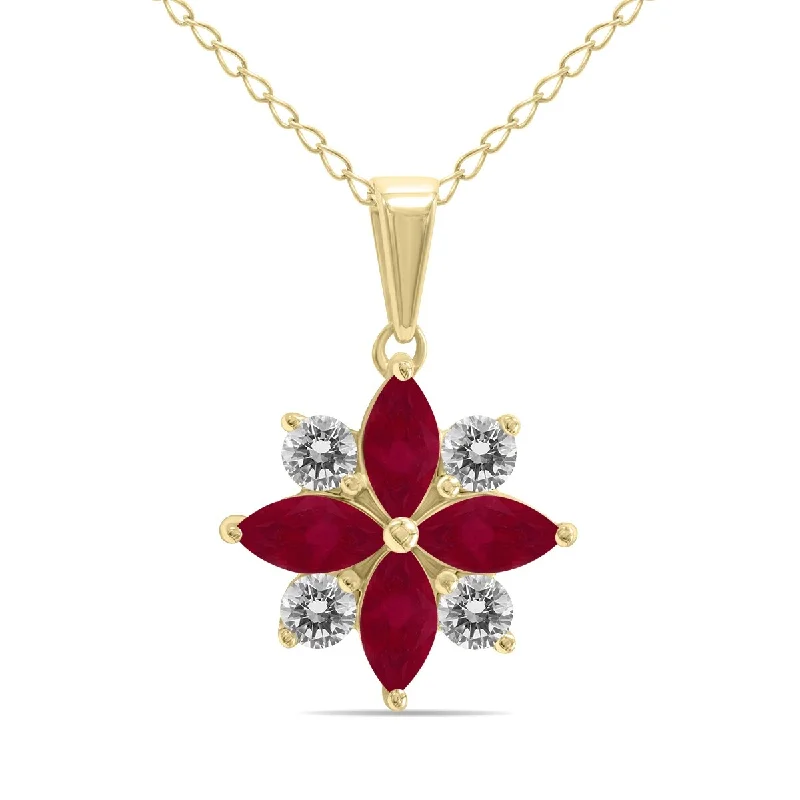 simple gemstone bar necklace for men-Marquee Jewels 3/4 Carat TW Ruby and Diamond Flower Pendant in 10K Yellow Gold