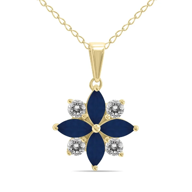 statement necklace for evening wear-Marquee Jewels 3/4 Carat TW Sapphire and Diamond Flower Pendant in 10K Yellow Gold