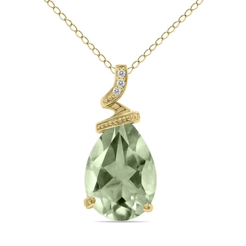 simple silver chain necklace for gifts-Marquee Jewels 5 Carat Pear Shaped Green Amethyst & Diamond Pendant in 10K Yellow Gold