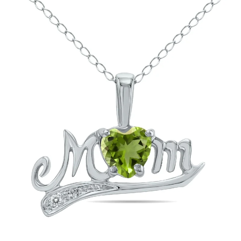 floral pendant necklace for women-Marquee Jewels Peridot and Diamond MOM Pendant in 10K White Gold