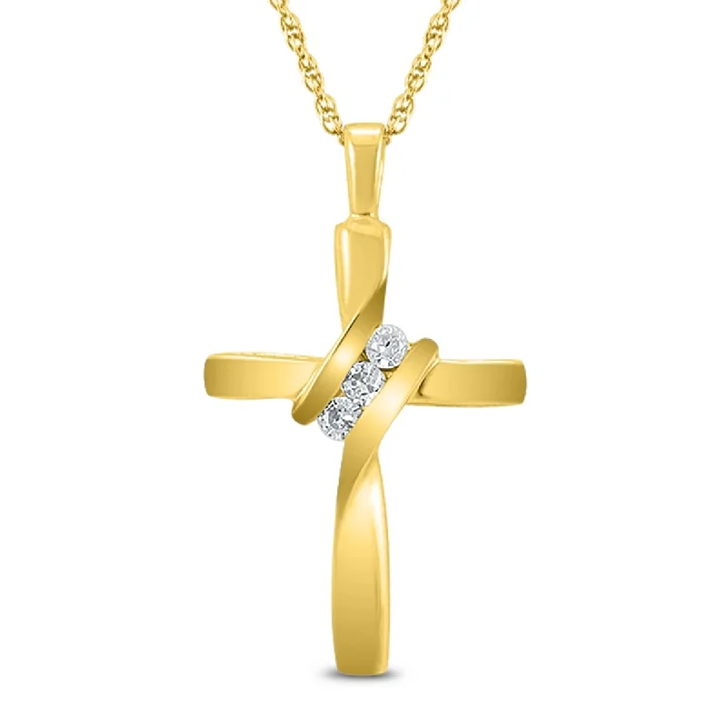 small gemstone necklace for teens-Marquee Three Stone Diamond Cross Pendant in 10K Yellow Gold