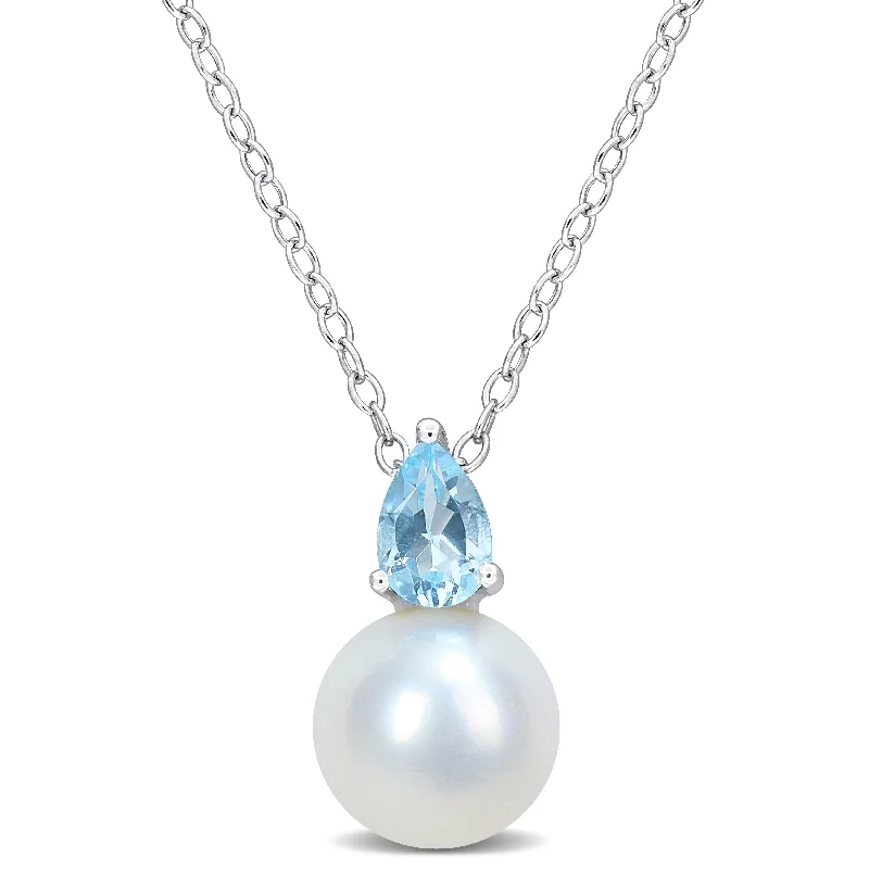 personalized pendant necklace-Miadora 1/2ct TGW Blue Topaz-Sky and 8.5-9mm Cultured Freshwater Pearl Pendant with Chain Silver - 15.5 mm x 8.8 mm