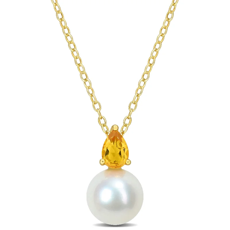 delicate pendant for special occasions-Miadora 2/5ct TGW Citrine and 8.5-9mm Cultured Freshwater Pearl Pendant with Chain Yellow Silver - 15.5 mm x 8.7 mm