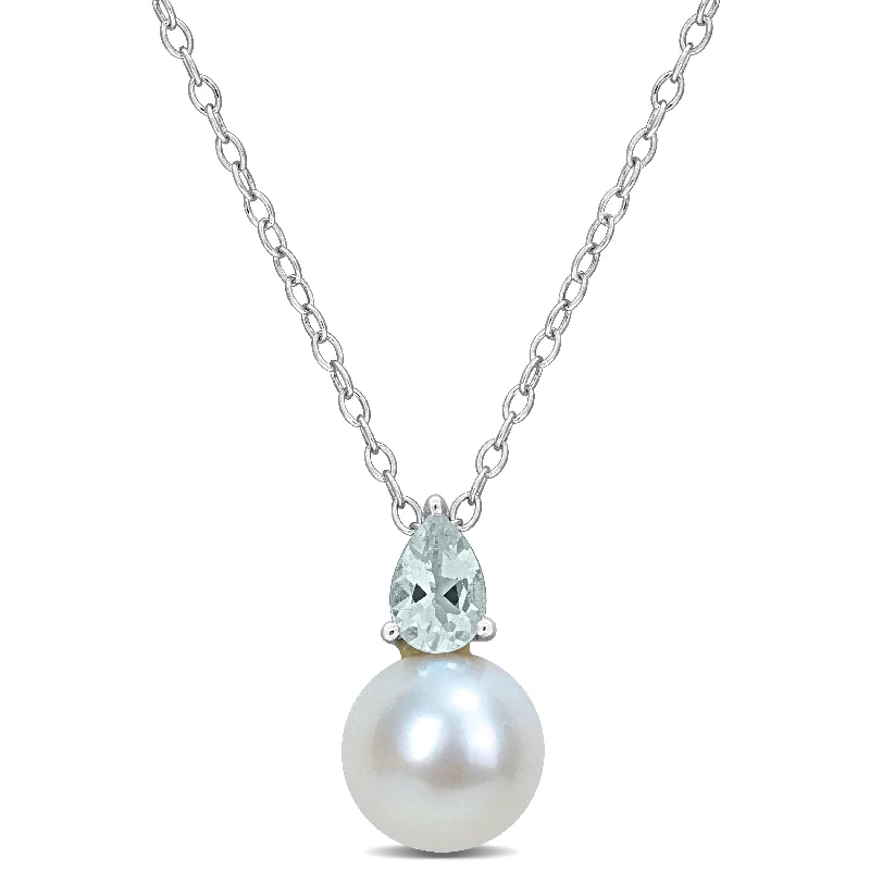 vintage gemstone bar necklace for women-Miadora 3/8ct TGW Aquamarine and 8.5-9mm Cultured Freshwater Pearl Pendant with Chain Silver - 15.5 mm x 8.5 mm