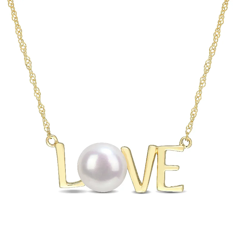 geometric pendant for modern style-Miadora 7-7.5mm Cultured Freshwater Pearl "LOVE" 10k Yellow Gold