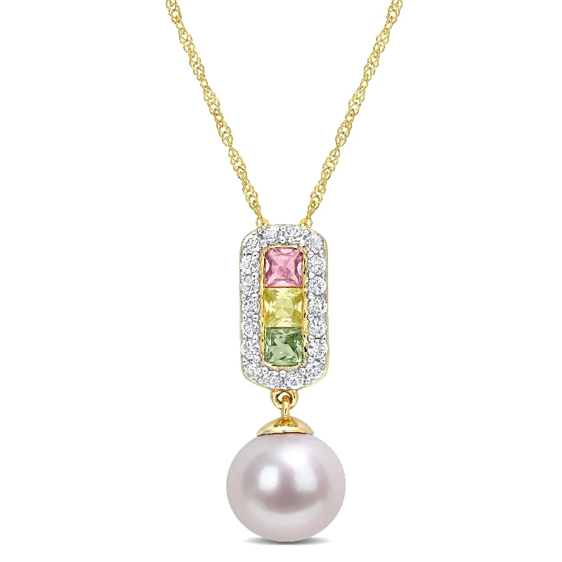 delicate charm necklace for adults-Miadora 8.5-9mm Cultured Freshwater Pearl and 7/8 ct TGW Multi Color Sapphire Halo Drop Pendant and Chain in 14k Yellow Gold