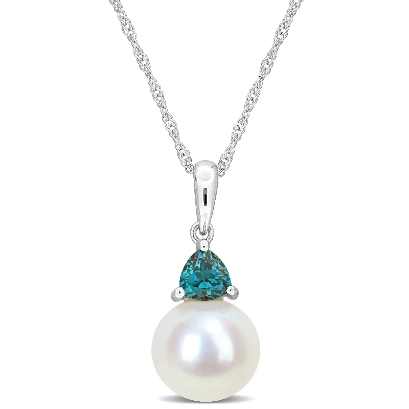 geometric pendant for unique style-Miadora 8-8.5mm Cultured Freshwater Pearl and 1/3ct TGW Created Alexandrite Drop Pendant with Chain in 10k White Gold