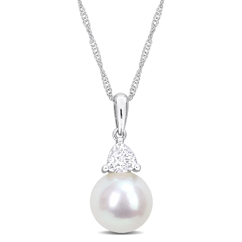 heart shaped necklace-Miadora 8-8.5mm Cultured Freshwater Pearl and 1/3ct TGW Created White Sapphire Pendant with Chain 10k White Gold