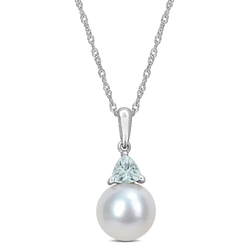 gold-plated necklace with crystals-Miadora 8-8.5mm Cultured Freshwater Pearl and 1/5ct TGW Aquamarine Pendant with Chain in 10k White Gold - 19 mm x 8.5 mm