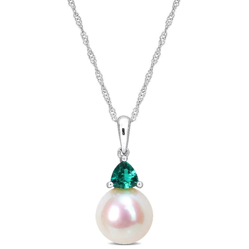 minimalist gold necklace-Miadora 8-8.5mm Cultured Freshwater Pearl and 1/5ct TGW Created Emerald Pendant with Chain in 10k White Gold - 19 mm x 8.4 mm