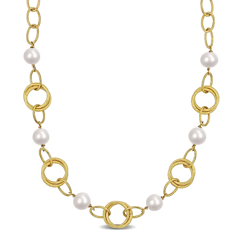 bohemian gold necklace for layering-Miadora 9-10mm Cultured Freshwater Pearl and Circle Rings Necklace in Yellow Silver20 in - 20 in x 16.8 mm x 9.5 mm