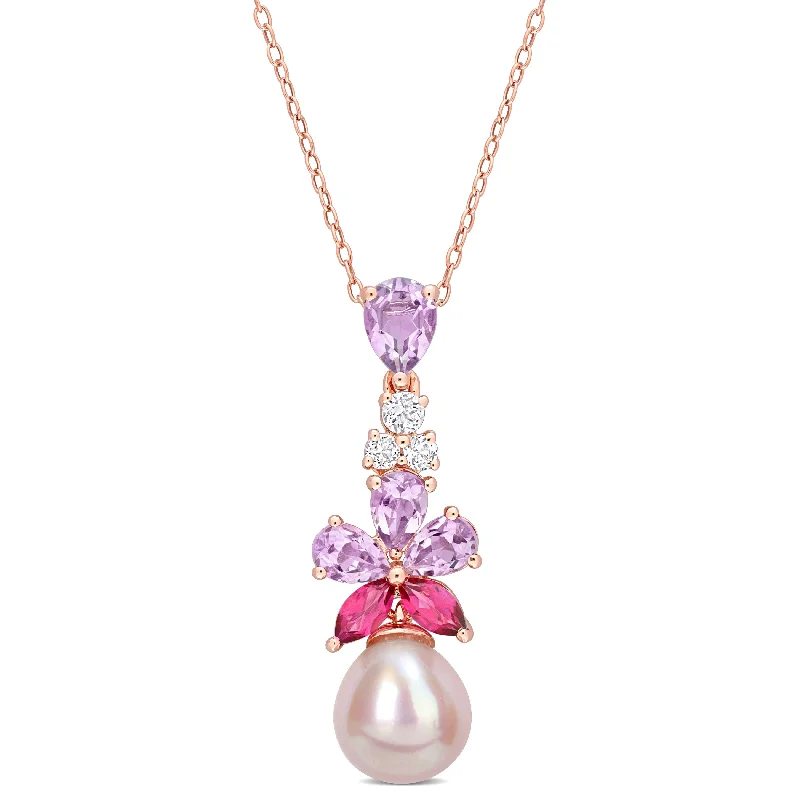 leather chain necklace with pendant-Miadora 9.5-10mm Pink Cultured Freshwater Pearl 2 3/8ct TGW Rose de France White & Pink Topaz Floral Necklace in Rose Silver