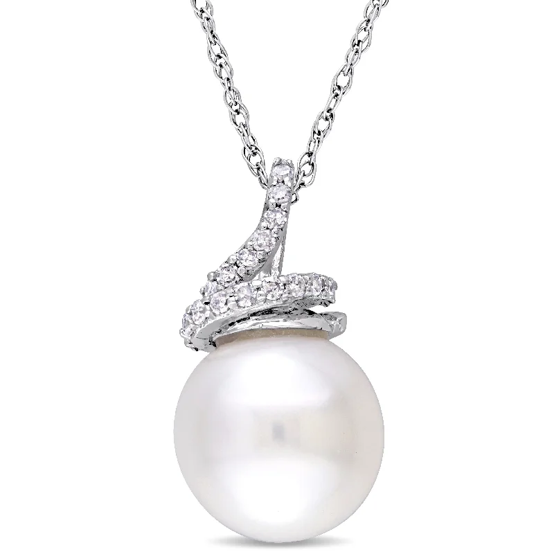 crystal pendant necklace with initials-Miadora 9-9.5mm Cultured Freshwater Pearl and 1/10 ct TW Diamond Swirl 10k White Gold