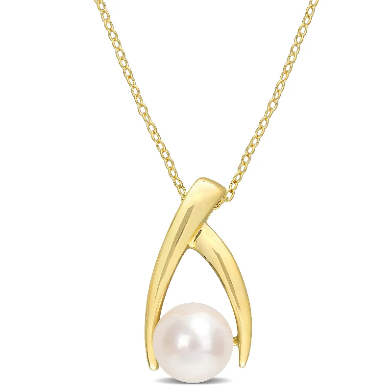 vintage rose gold pendant necklace-Miadora 9-9.5mm Cultured Freshwater Pearl Crisscross Yellow Silver