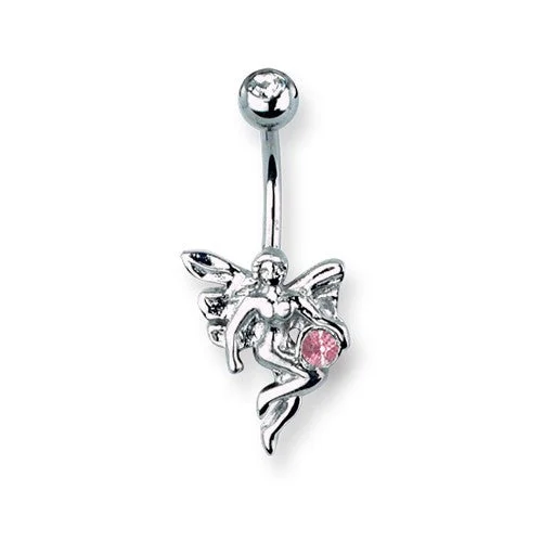 gemstone necklace for special events-Surgical Stainless Steel Curved Belly Button Ring - Fairy & Pink Crystal