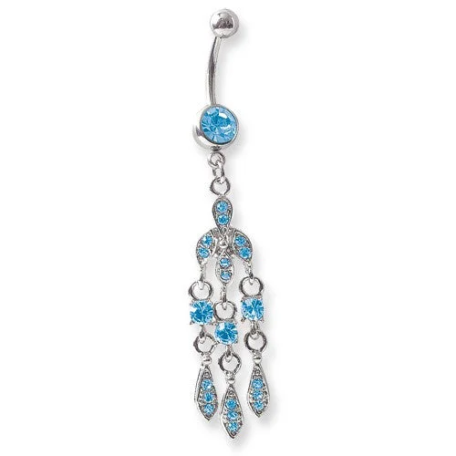 trendy layered chain necklace-Surgical Stainless Steel Curved Belly Button Ring - Fancy Dangle Blue Crystal