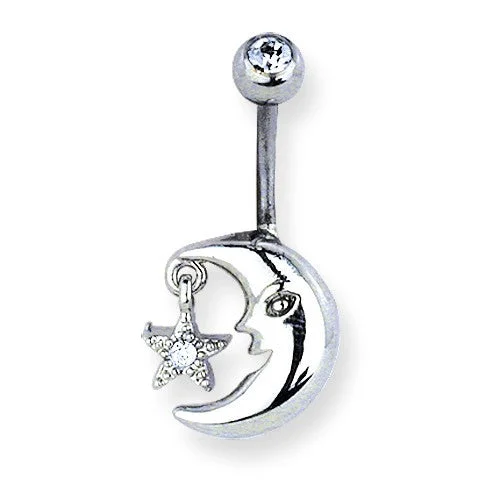 cross necklace for men-Surgical Stainless Steel Curved Belly Button Ring - Moon & Clear Crystal