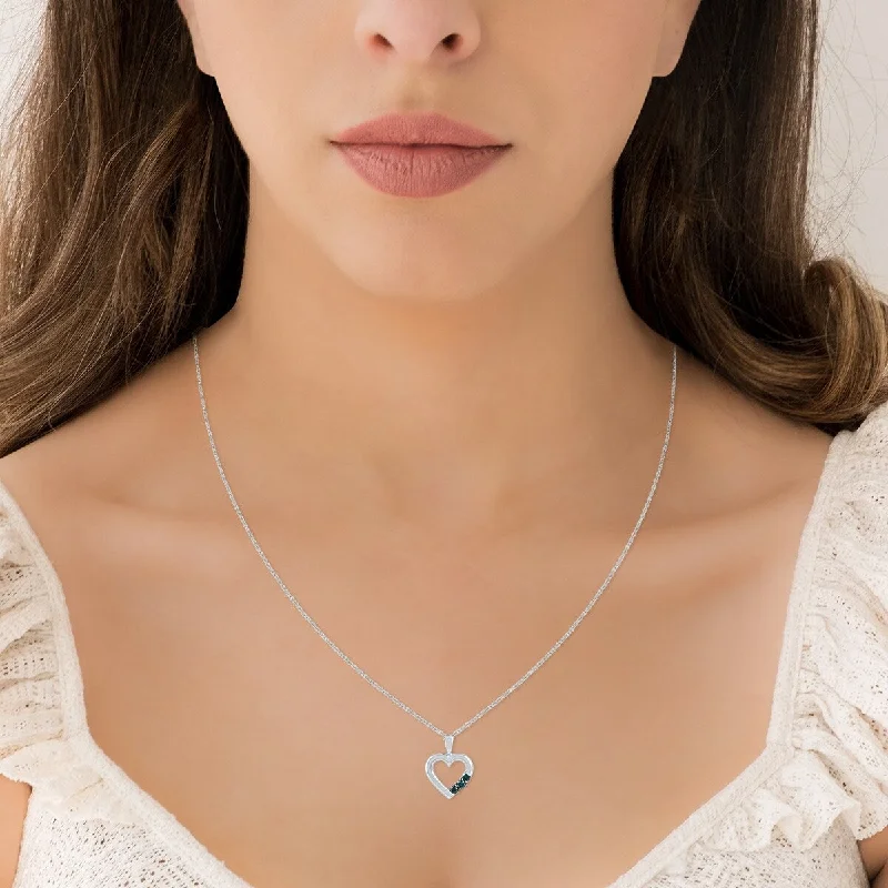 elegant diamond necklace-Three Stone Blue Diamond Heart Pendant in 10K White Gold