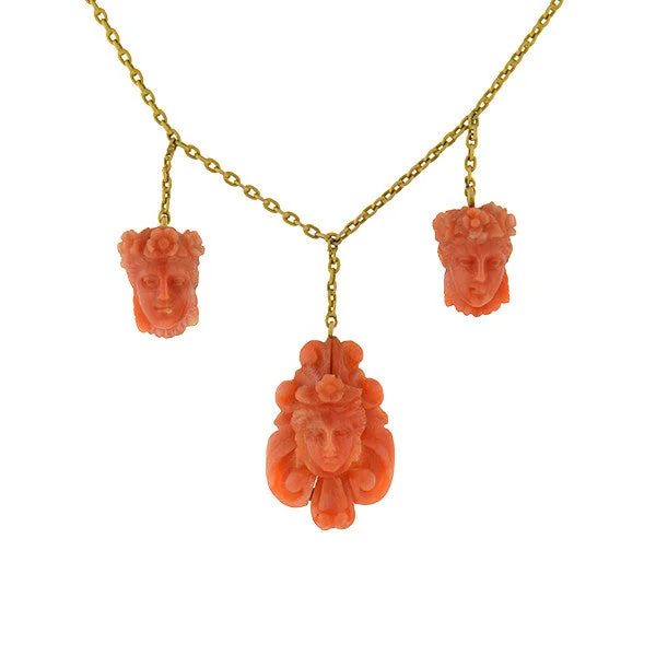 personalized long necklace with initials-Victorian 14kt Natural Coral Carved Cameo Necklace