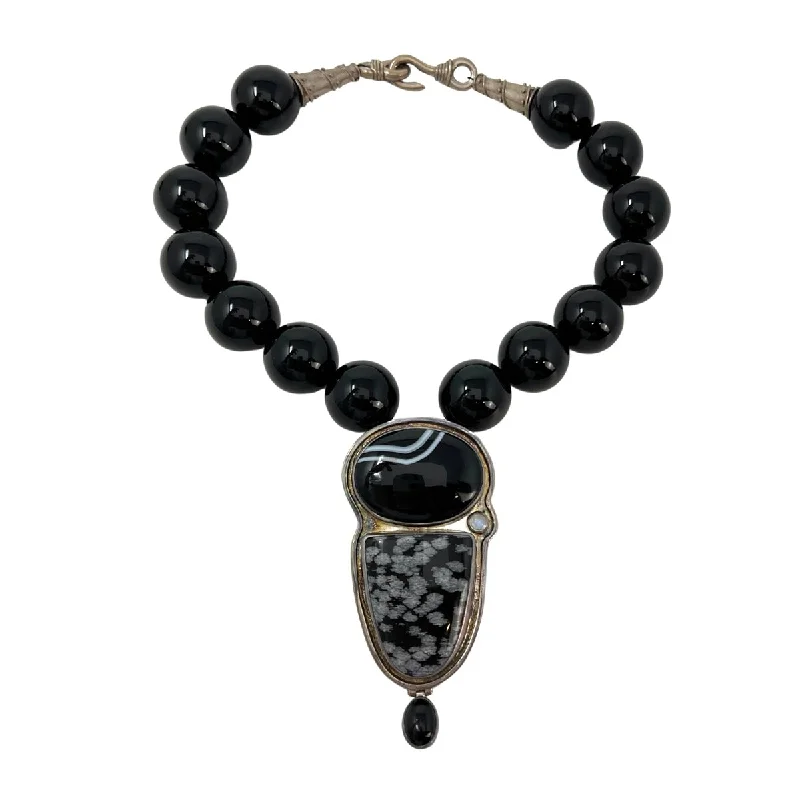 charm necklace for kids-18" Black Ball Necklace with Detachable Sterling Silver and Onyx Pendant