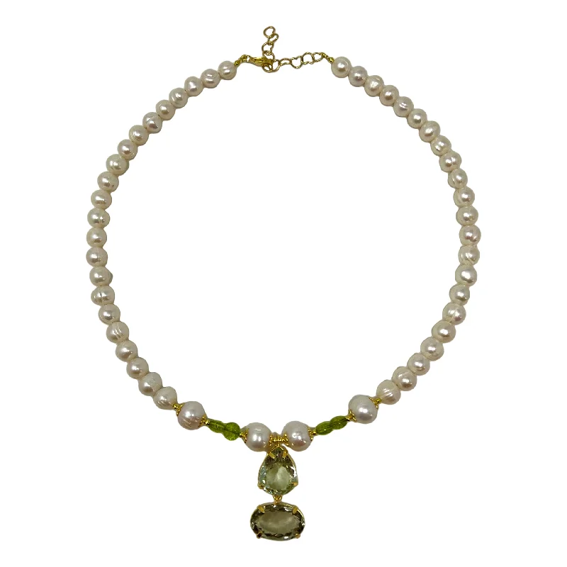 elegant silver pendant necklace for women-Freshwater Pearl Necklace with Amethyst and Peridot